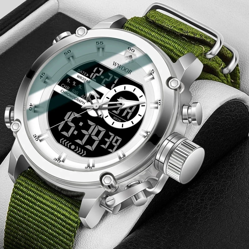 Wwoor-Montres à quartz numériques en nylon pour hommes, montres-bracelets décontractées de luxe, horloge étanche, sport militaire, nouvelle mode