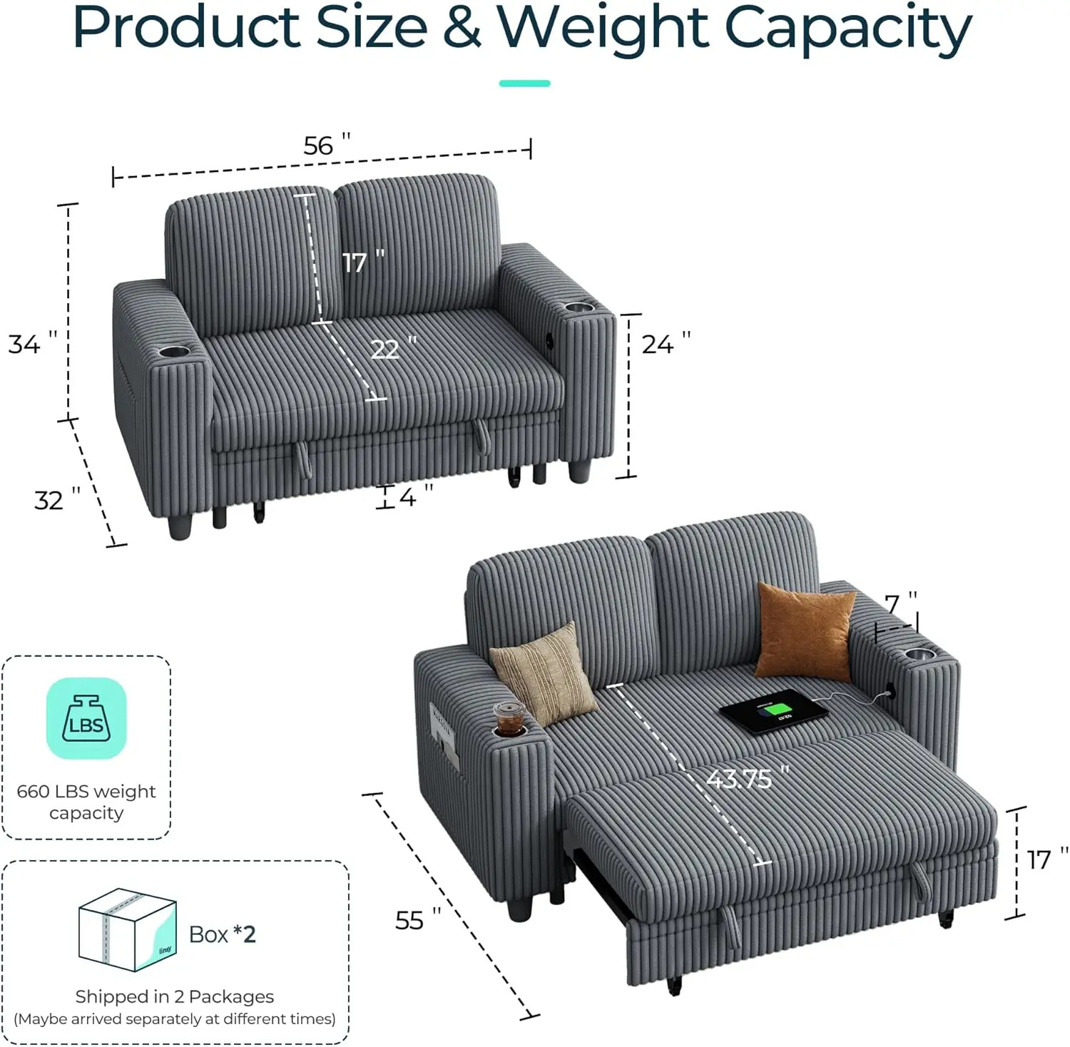 

Sofa with Pull Out Couch: 2-in-1 Convertible 2 Seater Sofa Chaise with USB Charging & Cup Holders,Comfy Plush Corduroy Love Seat