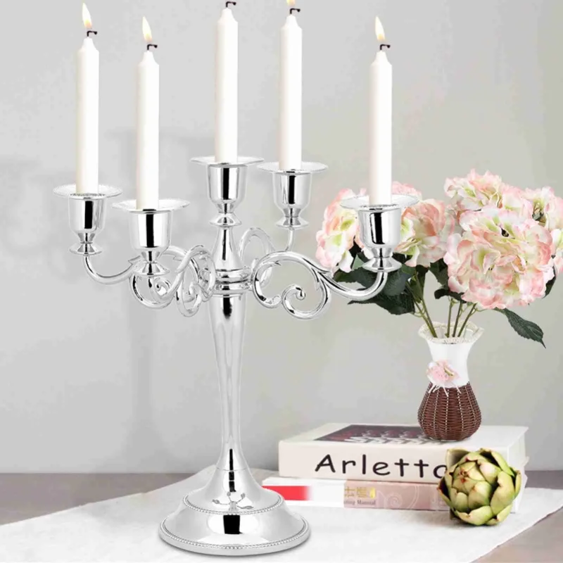 

5 Arms Vintage Candlestick Metal Crafts Candle Holder Stand Wedding Party Home Decor Silver