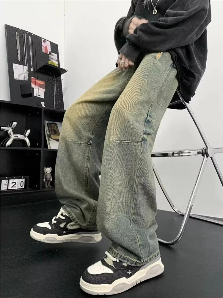 

Hip Hop Men's Jeans Spring Autumn Trendy Brand Ripped Street Sle Distred Straight Leg Jeans High Sensation Slim Fit Jeans