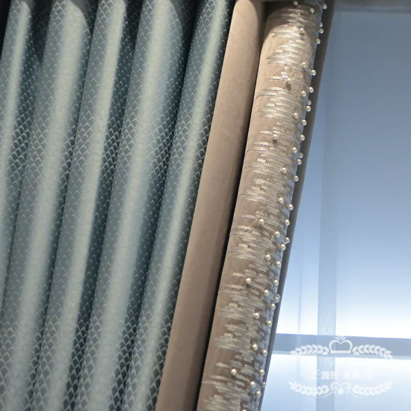 2023 New Curtains For Living Dining Room Bedroom Custom Window Light Luxury Curtain Silver Color Blue Curtain High-End Model