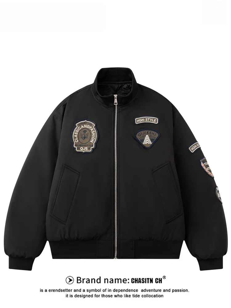 

Casual American Badge Embroidered Thickened Cotton Jacket Men's Autumn Winter Loose Fit Fashionable Brand Polyester Fiber Fil...