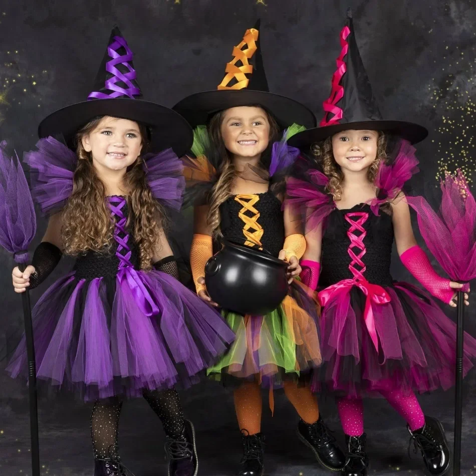 Halloween Malefice Costume for Kids Carnival Party Clothes Set Witch Evil Queen Cosplay Costume for Girls Fancy Tulle Tutu Dress