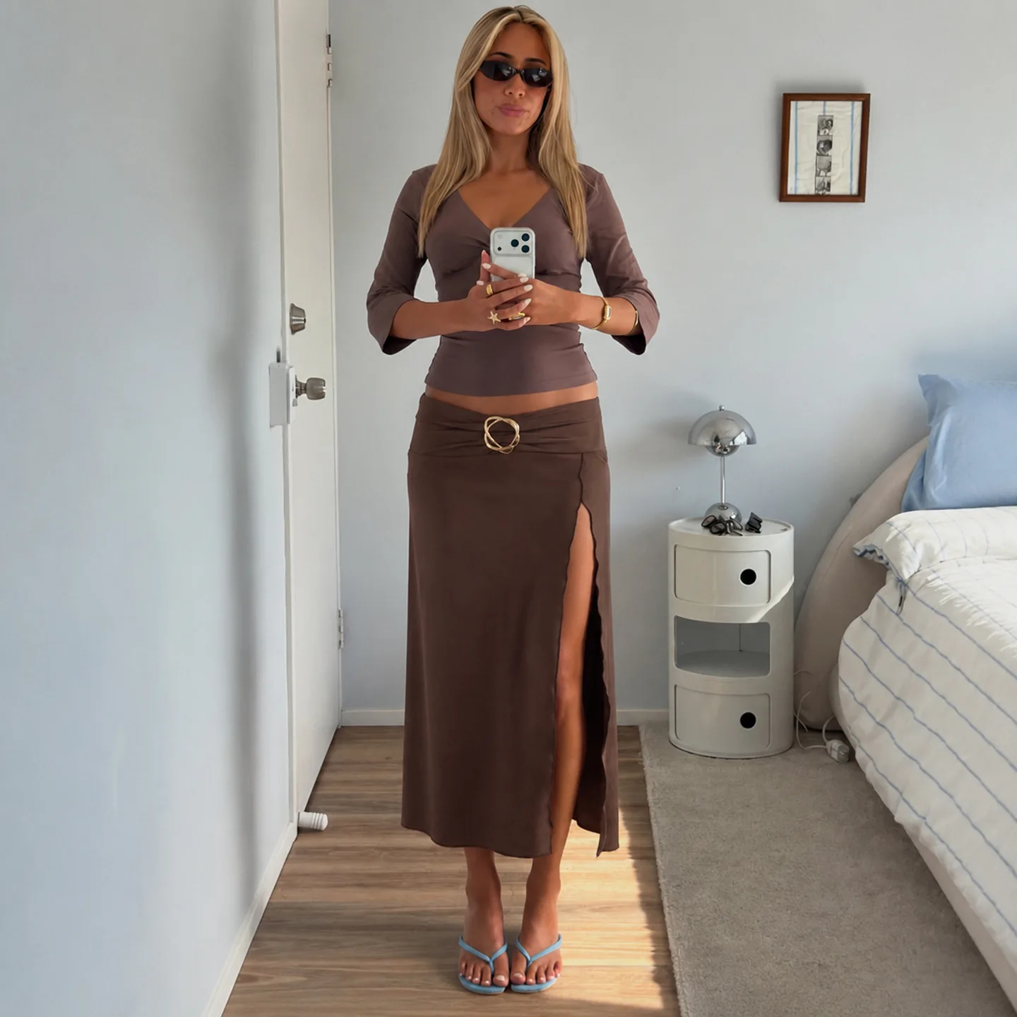 Elegant High Slit Long Midi Skirt Metal Buckle Split Design Cross-Border New Autumn Fashion Ladies'  Skirts Polyester