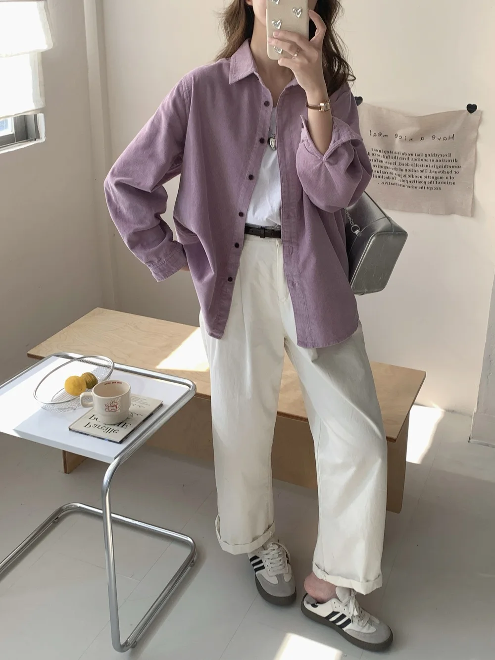 

Spring and Autumn Women's Casual Solid Color Collar Long Sleeve Loose Corduroy Shirt
