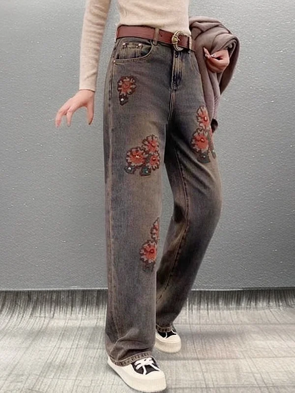 

Retro Embroidered Flower Women's Jeans High Waist Wide Leg Casual Style Spring Fashion Loose Fit Multi-Pocket Denim Pants