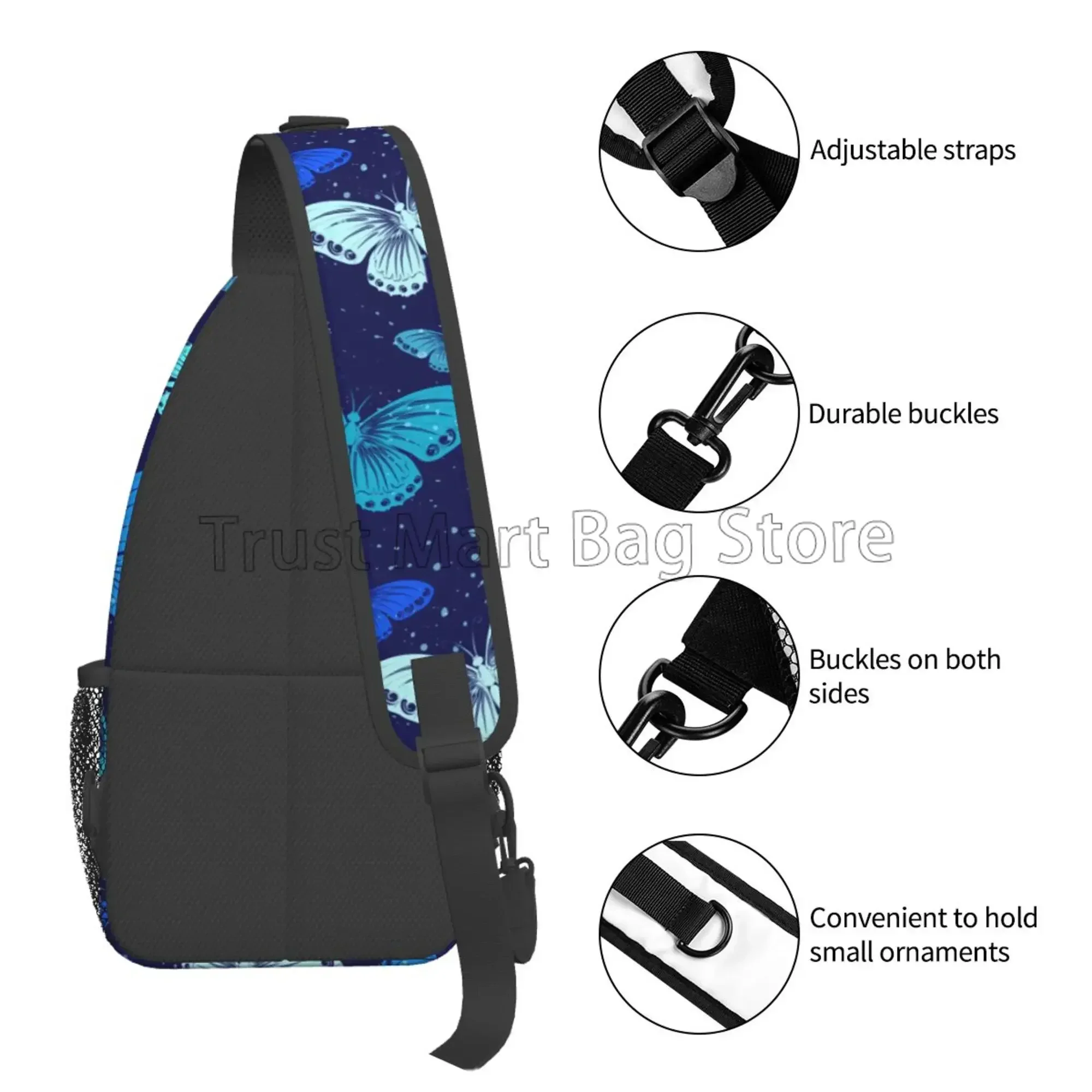 Unisex Blue Butterfly Sling Backpack, Peito Malas, Viagem, Caminhadas, Mochila Crossbody, Bolsa de Ombro das Mulheres, Ginásio, Ciclismo, Corrida