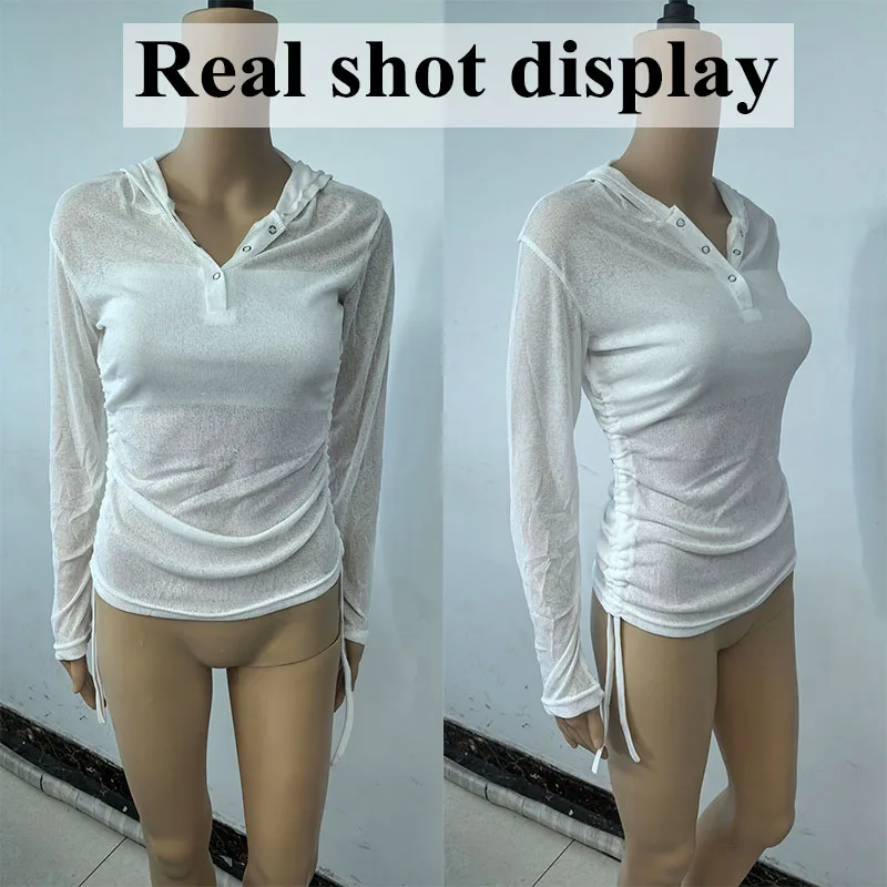 Sexy See Through Hooded Tops Women Casual Long Sleeve Thin Long Sleeve T-Shirt Female Streetwear Y2K Sun Protection White Tees image 6