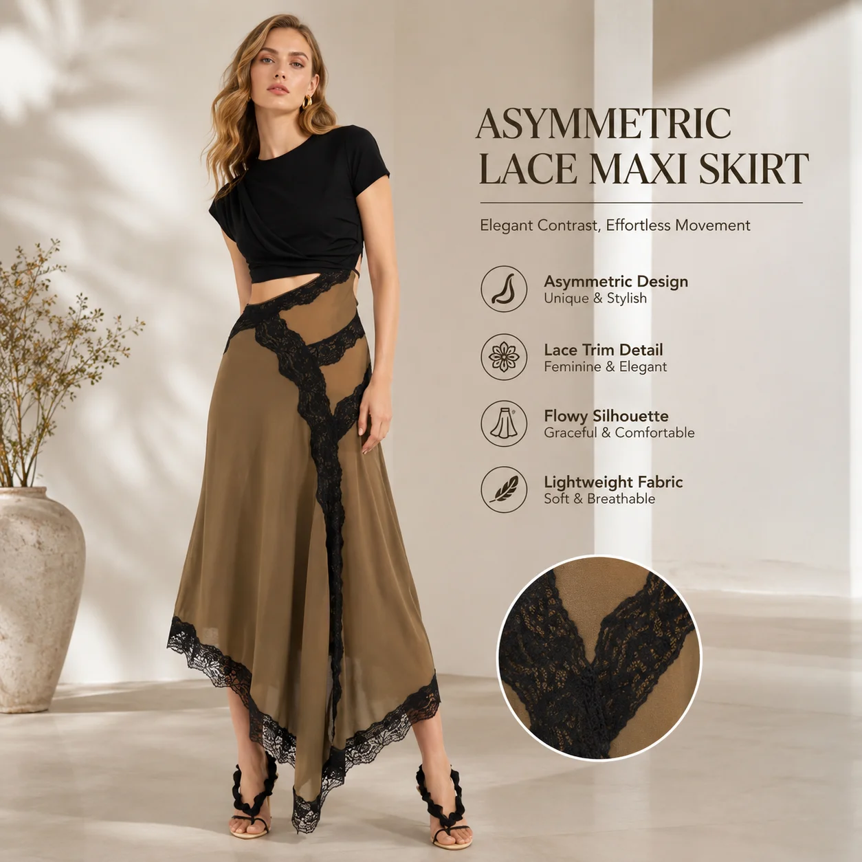 2026 Summer Hollow Waist Lace Splicing Midi Dress Women Irregular Hem Round Neck Short Sleeve Solid Color Vacation Date Casual A