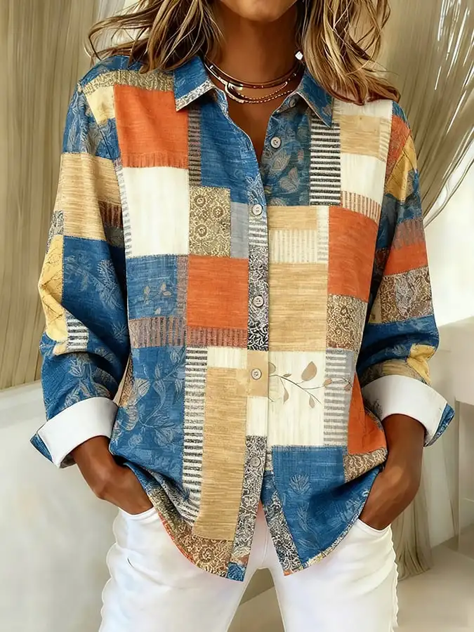 قميص نسائي بأكمام طويلة بطبعة مخططة ومنقوشة، ناعم ومناسب لحفلات العطلات، ملابس يومية غير رسمية.