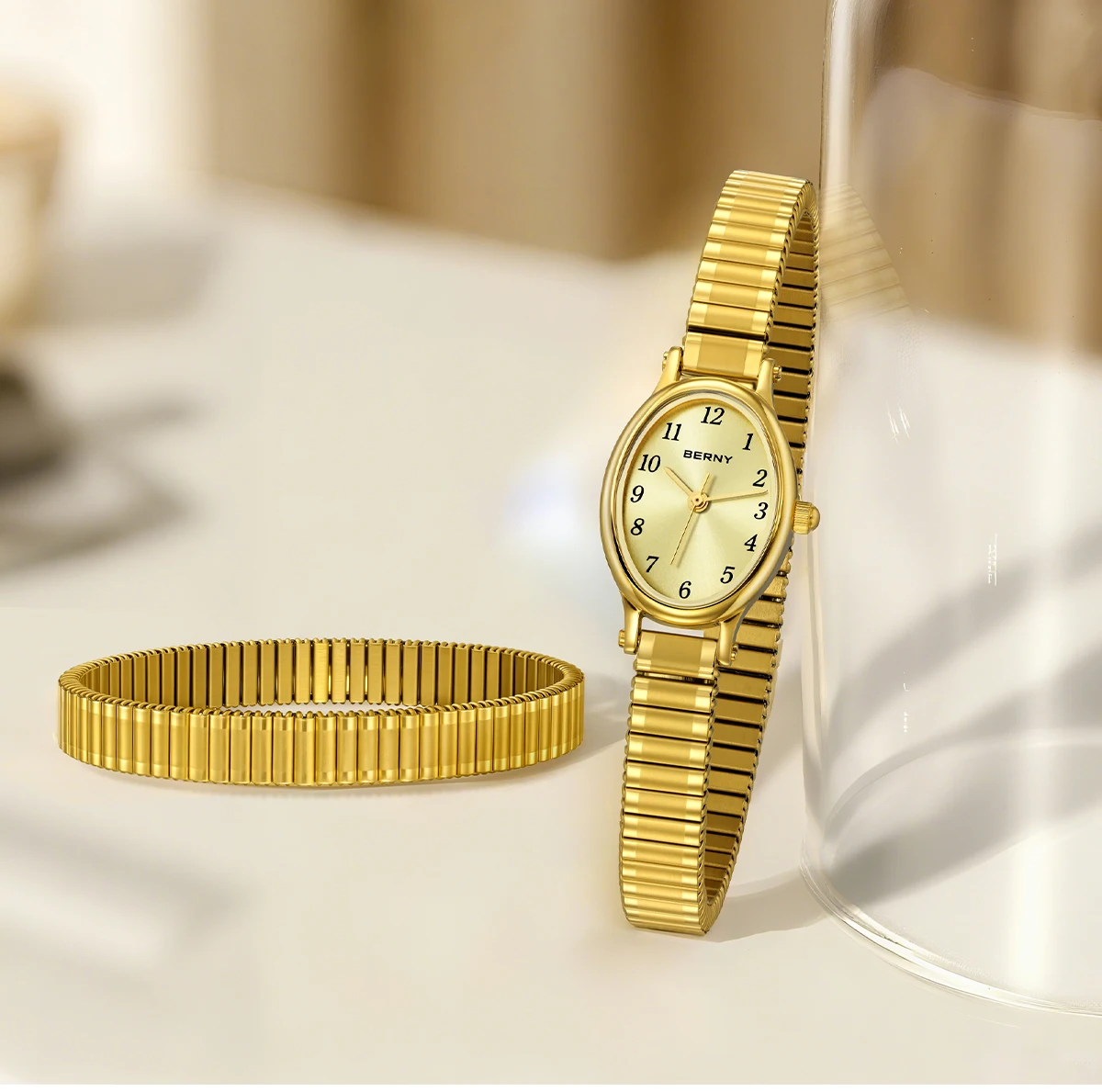 BERNY Goldene Uhren für Damen, luxuriöses goldenes elastisches Armband, elegante, leicht ablesbare Damenuhr, Stretch-Armband, Kleiderarmbanduhr – Detail 12
