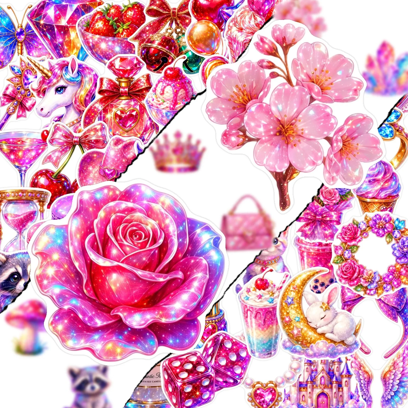 10/30/50pcs Glitter Pink Lips Unicorn Love Cake Crystal Decorative Stickers, Suitable for Accounts, Stationery, and DIY Creation