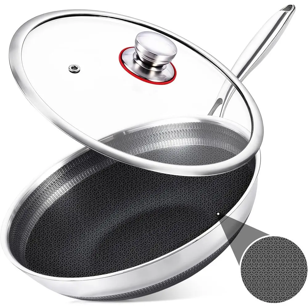 

Гибридная сковорода-вок 13 дюймов с антипригарным покрытием и крышкой, двусторонняя, из нержавеющей стали, с длинной ручкой, для индукционных плит и духовок, можно мыть в посудомоечной машине