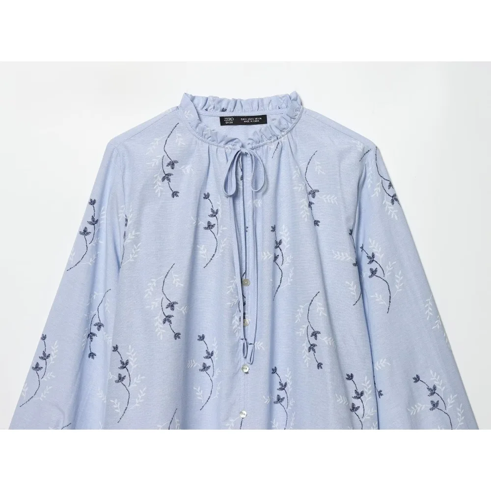 Spring New Casual Embroidered Print Shirts for Women Elegant Chic Round Neck Long Sleeves V-neckline Blouse with Ruffles and Tie