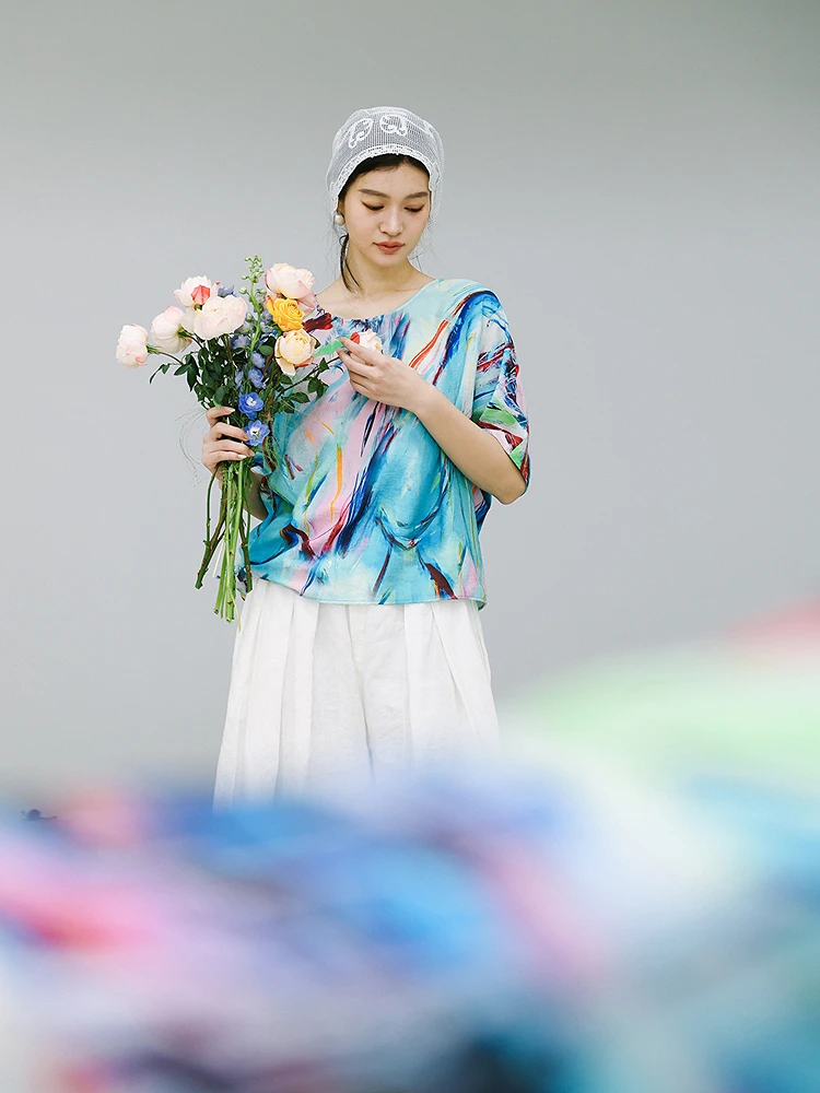 

Футболка с коротким рукавом Zijun Collaborative, повседневный стиль, из шелка и нейлона, с принтом и узором из узлов, женская, свободного кроя, для повседневной носки