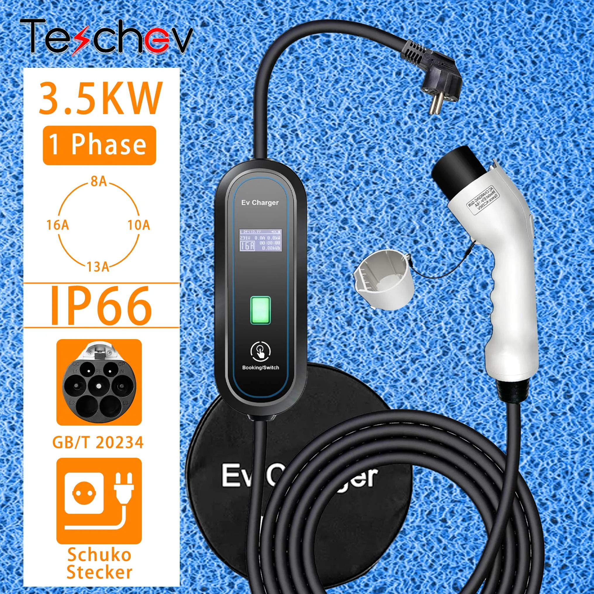 

Teschev Portable EV Charger 220V IEC62196-2 Type2 16A 3.5KW Type1 J1772 EVSE Charging Box GBT Car Charger for Electric Car