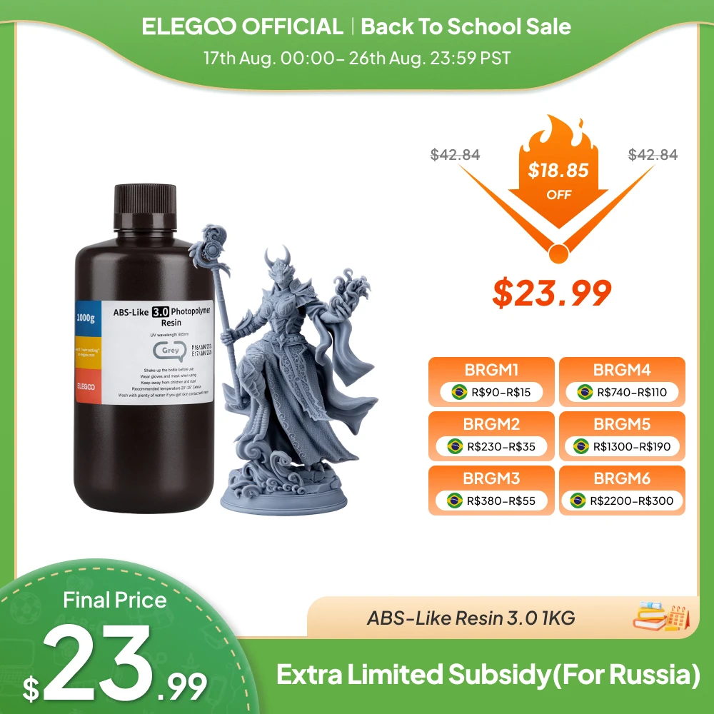 Resina para Impressora 3D ELEGOO Tipo ABS 3.0 1kg, Resina Fotopolímera UV-Curing 405nm para Impressão 3D MSLA LCD com Resistência e Dureza