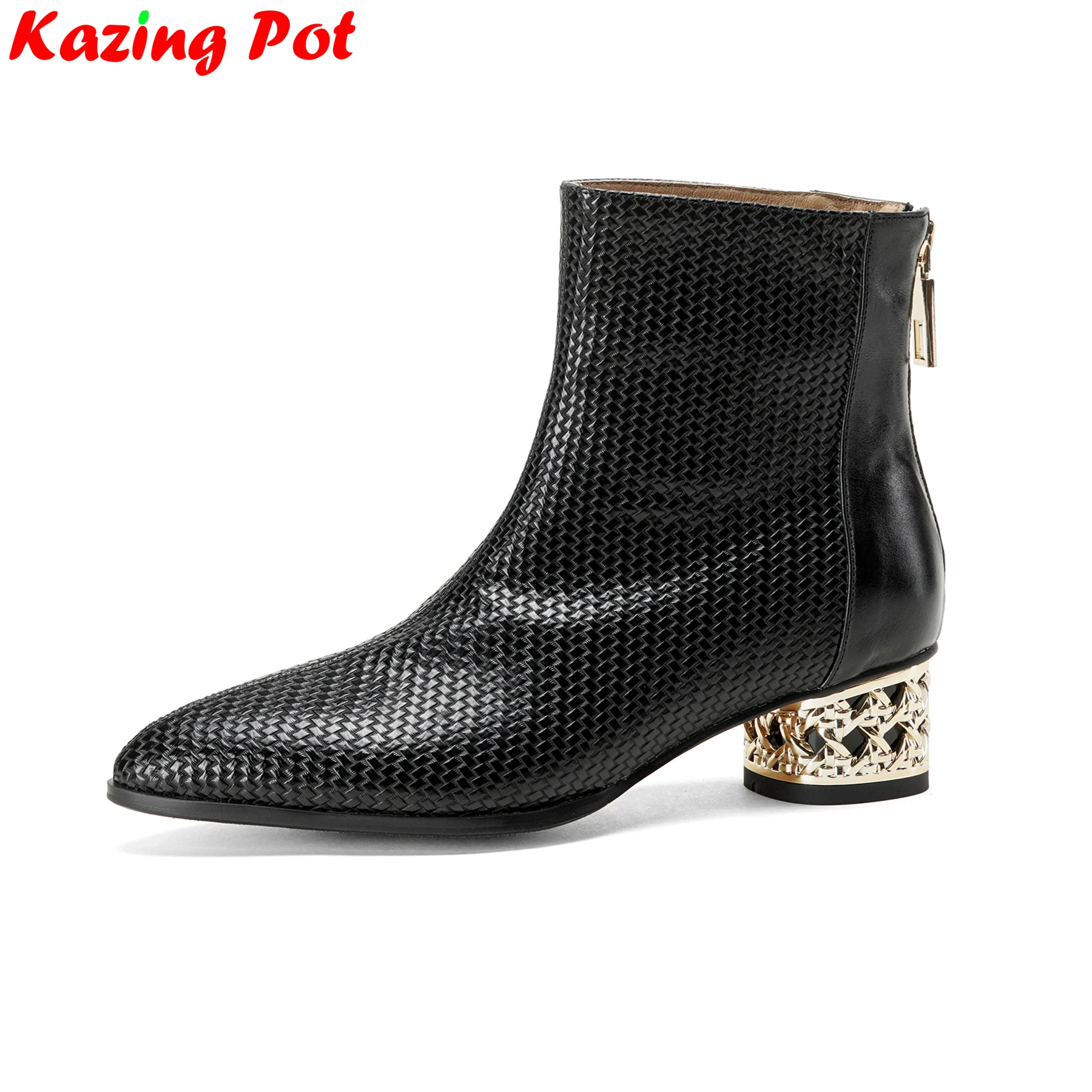 Plus Size 33-43 Cow Skin Print Pointed Toe Med Heels Zipper Dress Modern Boots Dance Warm Winter Shoes Fashion Brand Ankle Boots