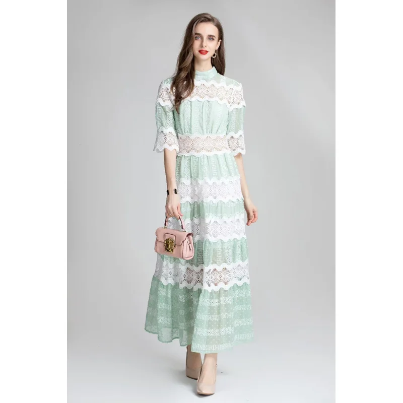 

Stand Collar Soluble Flower Hollow out Stitching Waist-Controlled Large Hem Princess Style Long Dress Dress2025Women's Sum