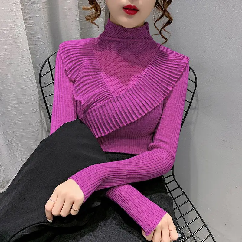 Elegant Knitted Spliced Hollow Out Ruffles Sweaters Women's Clothing 2023 Autumn Winter Loose Office Lady Pullovers Sweet Tops