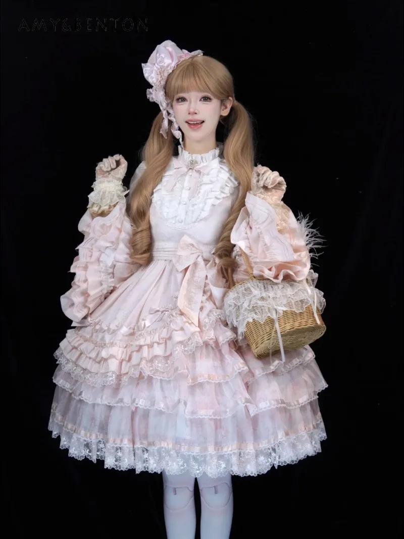 

Lolita Princess Birthday Evening Dresses Sweet Girl Ruffled Stand Collar Flared Sleeves Slim Bow Lace Patchwork Layered Dress