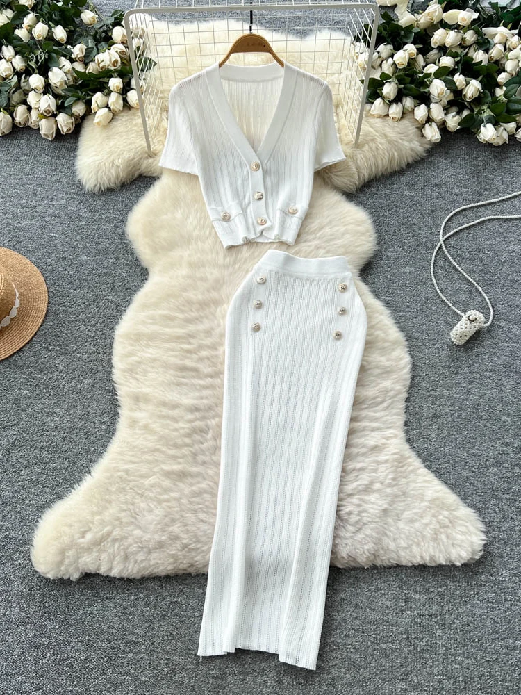 

Вязаный комплект ort Sve V-Ne Faion с высокой талией для женщин, летняя универсальная облегающая юбка с металлическими пуговицами, ансамбль