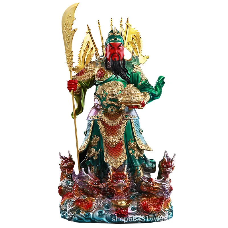 PYH New Copper Kowloon Guan Gong Statue Buddhist Hall Temple Ornament Guan Erye Wu Cai Guan Yu Resin Statue