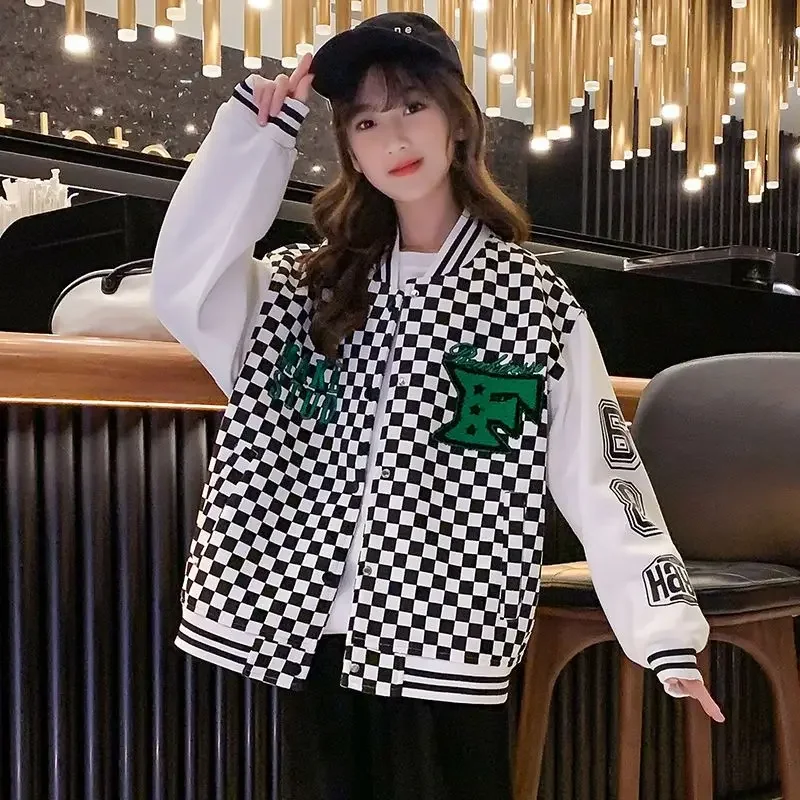 2024 New Kids Fashion Baseball Jacket Kids Girls Korean Casual Loose  Letter Bomber Sweatshirt Uniform Streetwear Tops 4-12Yrs