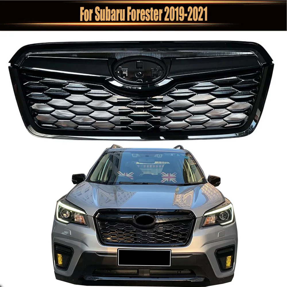 For Subaru Forester 2019-2021 Upper Bumper Grille Grills Abs Sport X-Break Style Front Grill Mesh Kit Upper-Lower GLoss Black