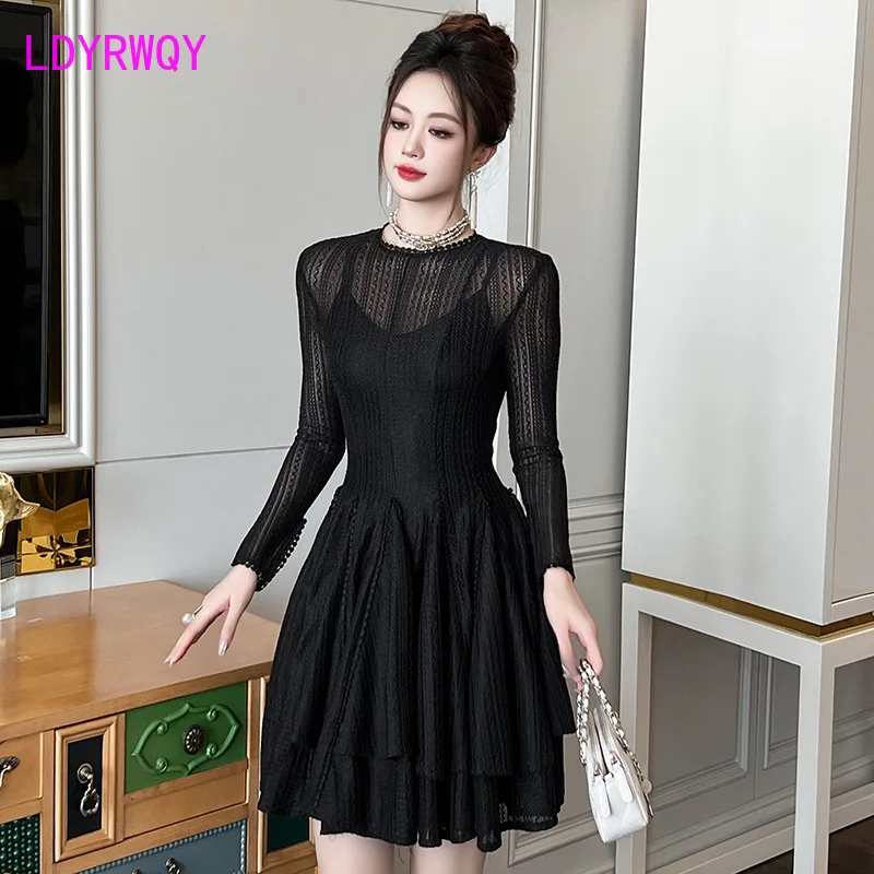 French retro Hepburn style waist cinching high hollow out dress for women in autumn and winter, slimming black puffy skirt