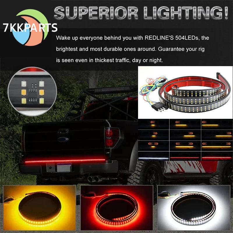 12V Car Tailgate Light Strip Warning Signal Flexible Three Rows LED Super Bright Three Prompt Colors Rear Tail Truck Light