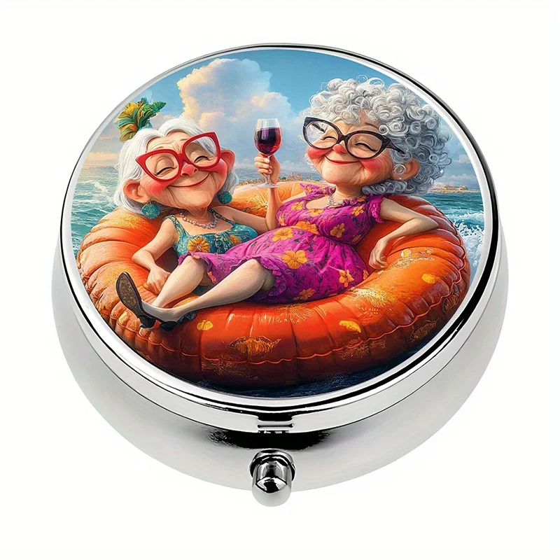 Single pack, travel portable pill box with 3 pill compartments, portable pill box for two elderly ladies in swimsuits, suitable as a vitamin organizer for a purse or wallet, an ideal choice for a purse or wallet, a perfect and unique gift