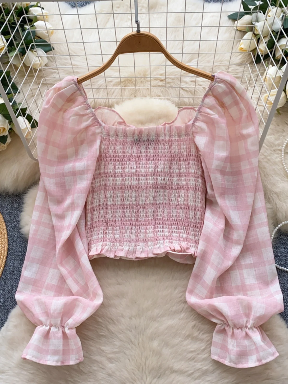 

Sweet Versatile Plaid Women's irt 2025 New Gentle Sle Square Collar Pleated Waist ort Length Belly Button Exposure Blouse