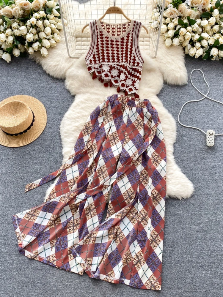 Bohemian Style Two-piece Set Women Sexy Short Knitted Top Retro Diamond Plaid Wide Leg Pants Beach Suits Summer Casual Outfits