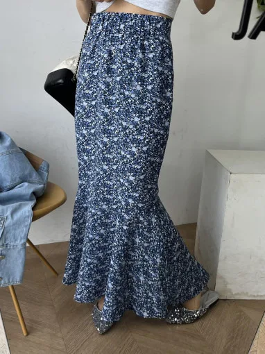 Floral A-Line  Skirt Women's High Waist Slimming Hip Covering Summer New Sle Floral Print Skirt Fi Tail Skirt