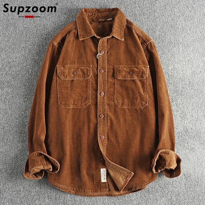 Supzoom 2025 New Arrival Top Fashion Brand Clothing Corduroy Full Turn-down Collar Open Stitch Striped Men Chemise Casual Shirts