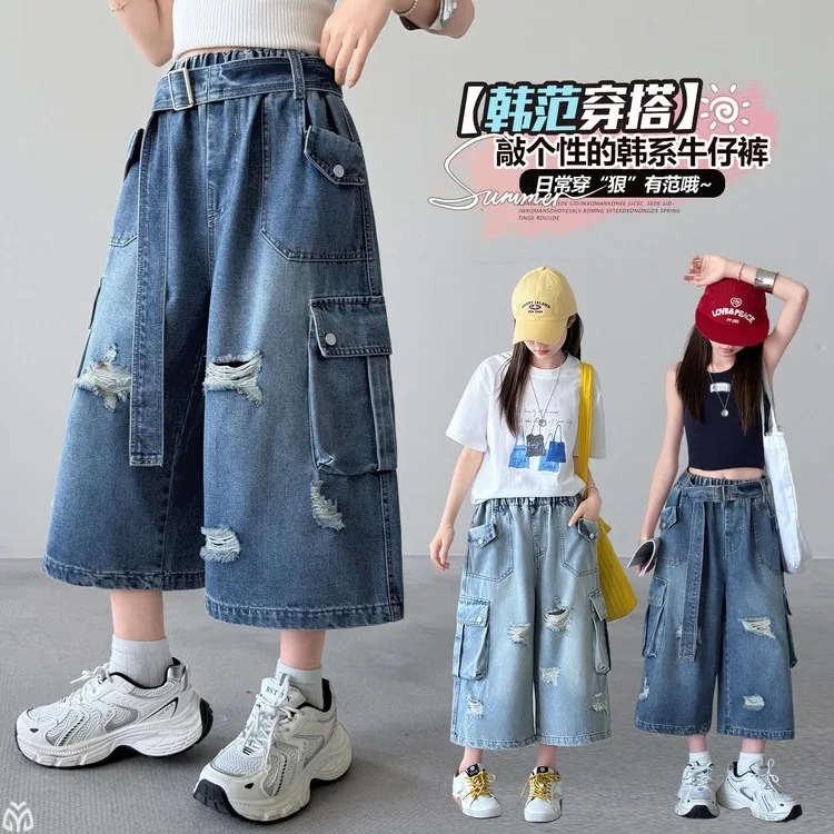 

summer teen girls ripped denim cropped pants junior kids casual versatile wide leg multi-pocket workwear jeans child cargo pants
