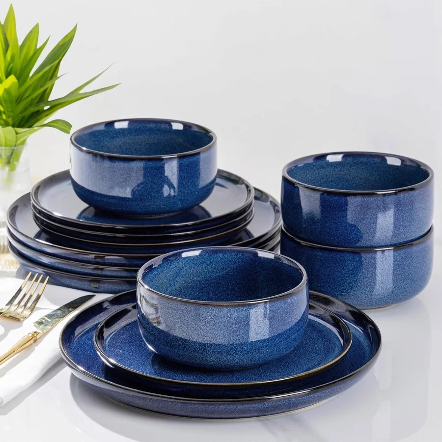 

Ceramic Dinnerware Sets for 4 Including 12 Pieces Handmade Reactive Glaze Plates and Bowls Scratch Resistant Dish Set Suitable