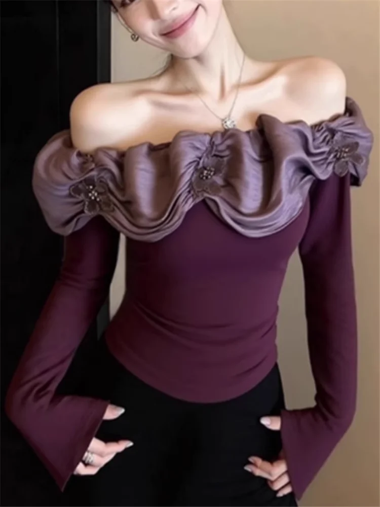 甘辛ガール パープル フリル スラッシュネック Tシャツ 秋冬新作 ファッション 長袖 オフショルダー トップス ブラック インナーシャツ