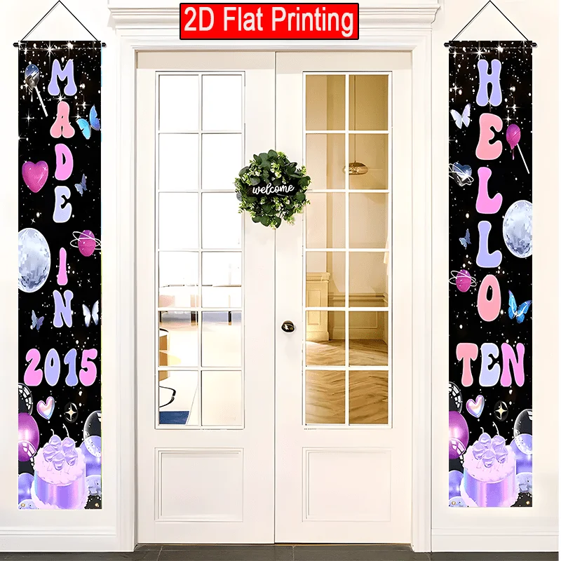 Lot de 2 bannières de porte en polyester pour 10e anniversaire, 12x70,8 pouces, design ballons, planètes et gâteaux, sans alimentation électrique