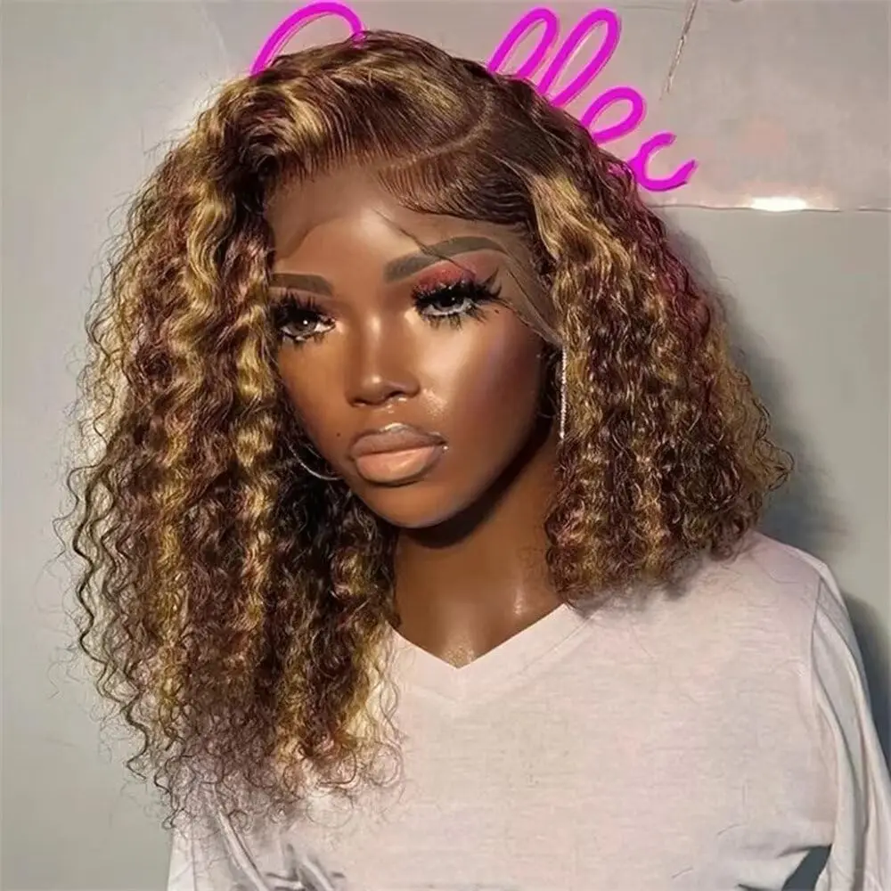 Short Bob Curly Human Hair 13X4 HD Invisible Lace Front Wig P4/27 Highlight Balayaged Bob Deep Wave Glueless Wig Pre Plucked Hairline Baby Hair 250% Density Brown To Honey Blonde 16Inch