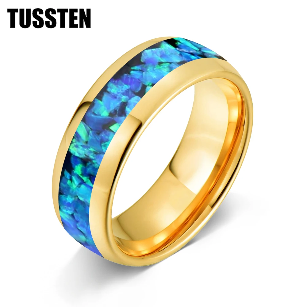 

TUSSTEN New Style 4/6/8MM Men's and Women's Wedding Tungsten Ring Crushed Blue-Green Opal Inlaid Comfortable Fit