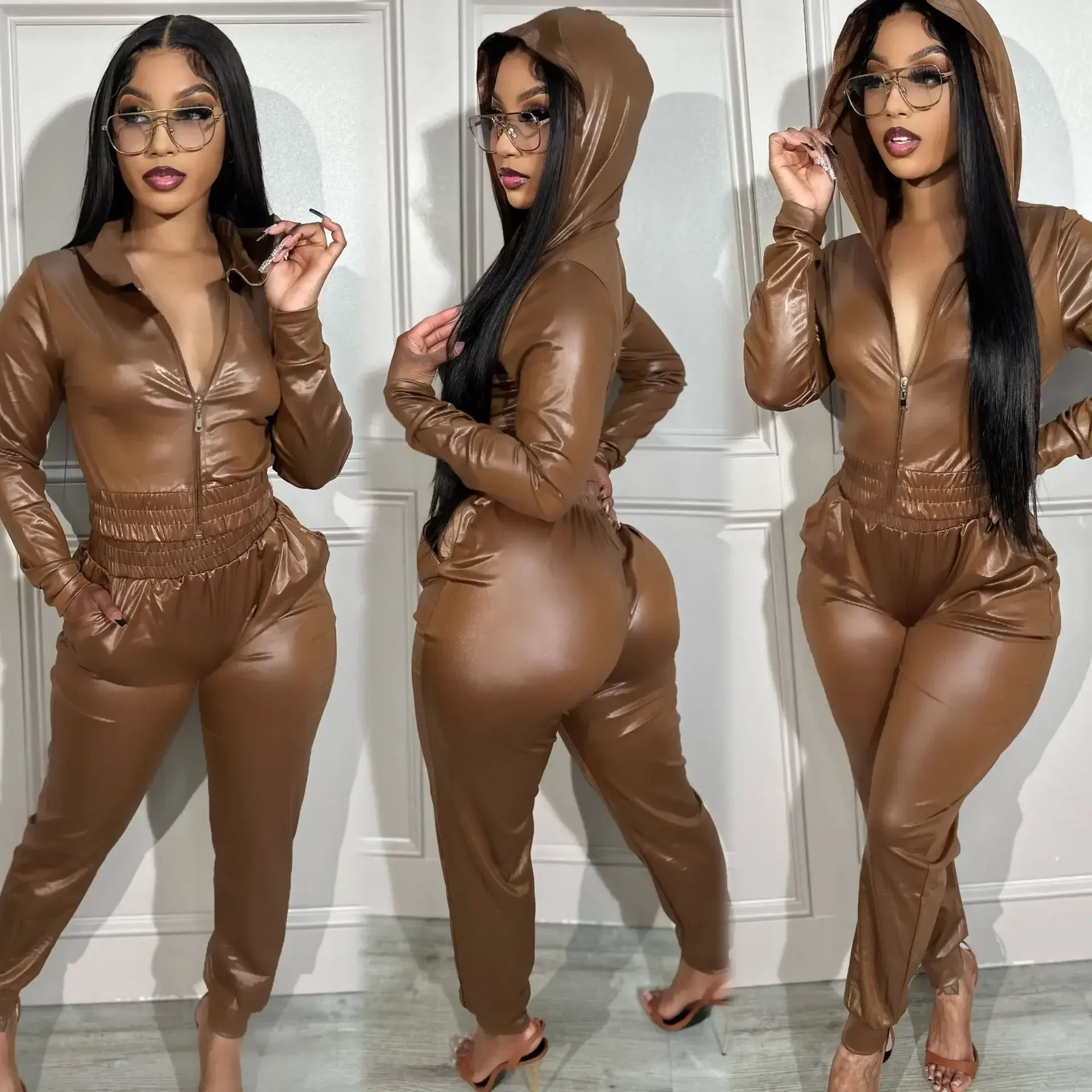 PU Faux Leather Two Piece Set for Women Matching Sets Long Sleeve Zipper Hooded Jacket Top and Pants Streetwear Tracksuit Outfit