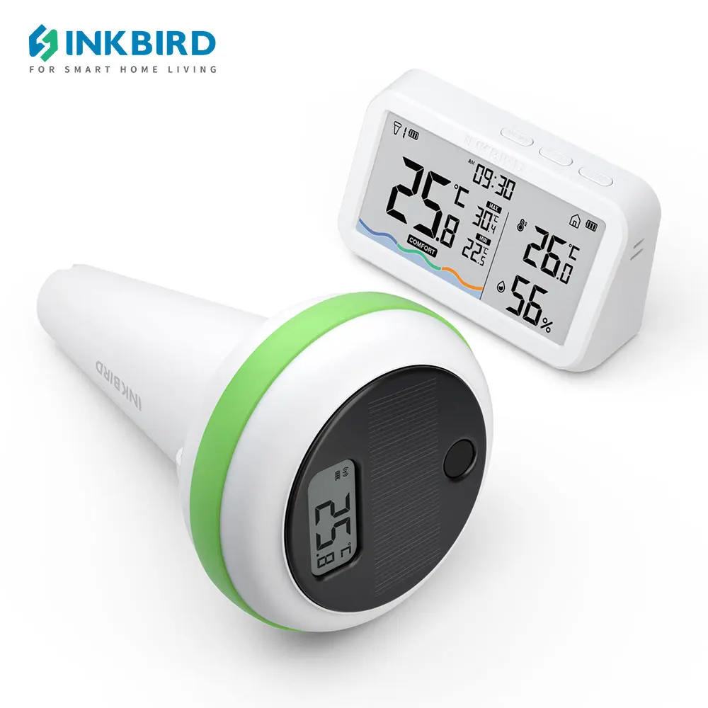 inkbird conjunto termometro de piscina sem fio solar ip68 impermeavel monitor digital interno para lagoa de peixes e spa 01