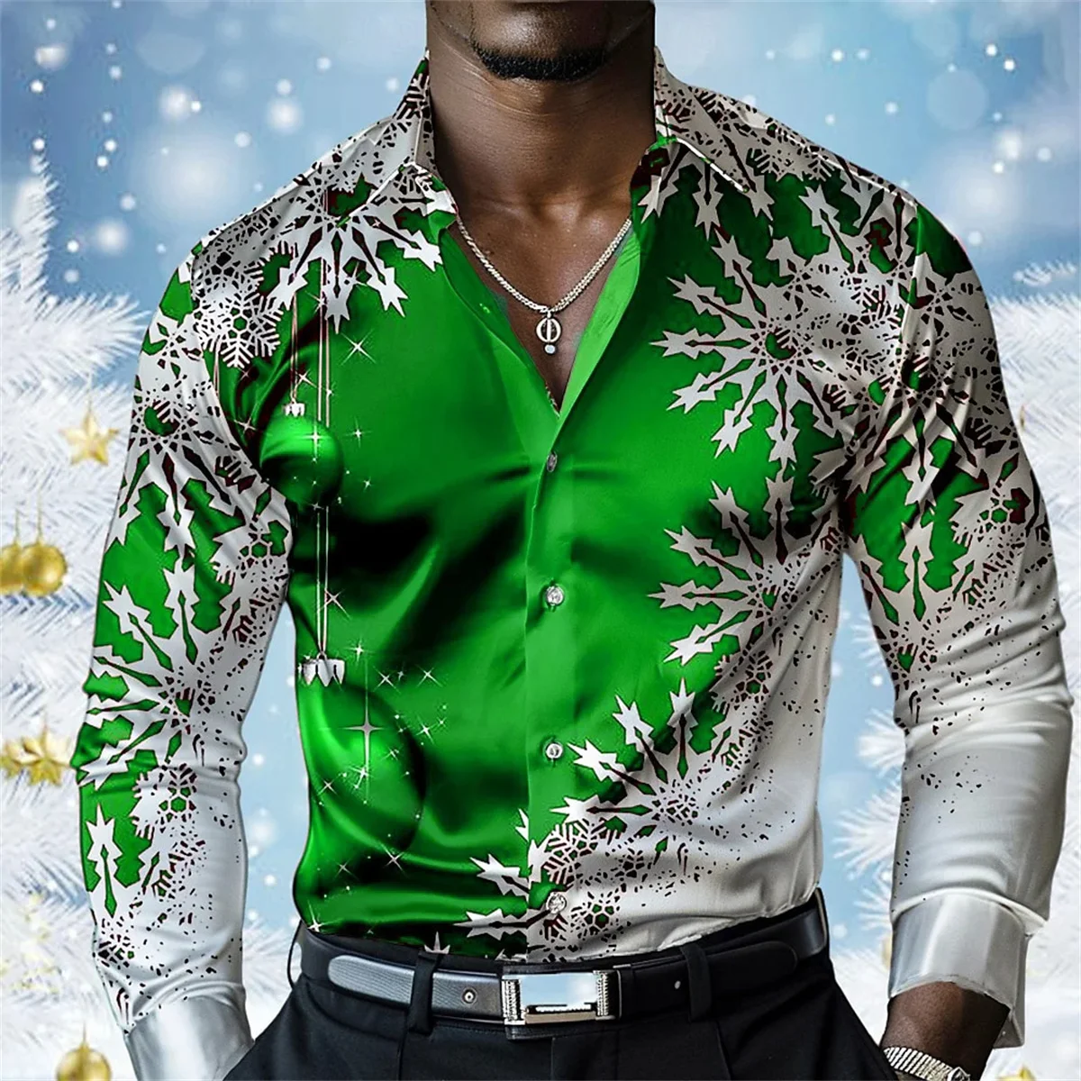 

Men's Christmas Snowflake Print Shirt, Lapel Button Up Clothing, High Quality, Long Sleeved, Party, Autumn, Winter, 2024