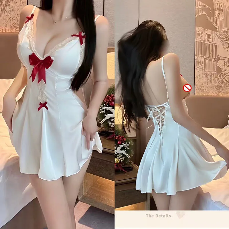 

Sexy Sweet White Deep V Suspenders Sleeveless Dress Style Backless Lace Bow Nightgown Silky Mini Dress Women Elegant Clothing