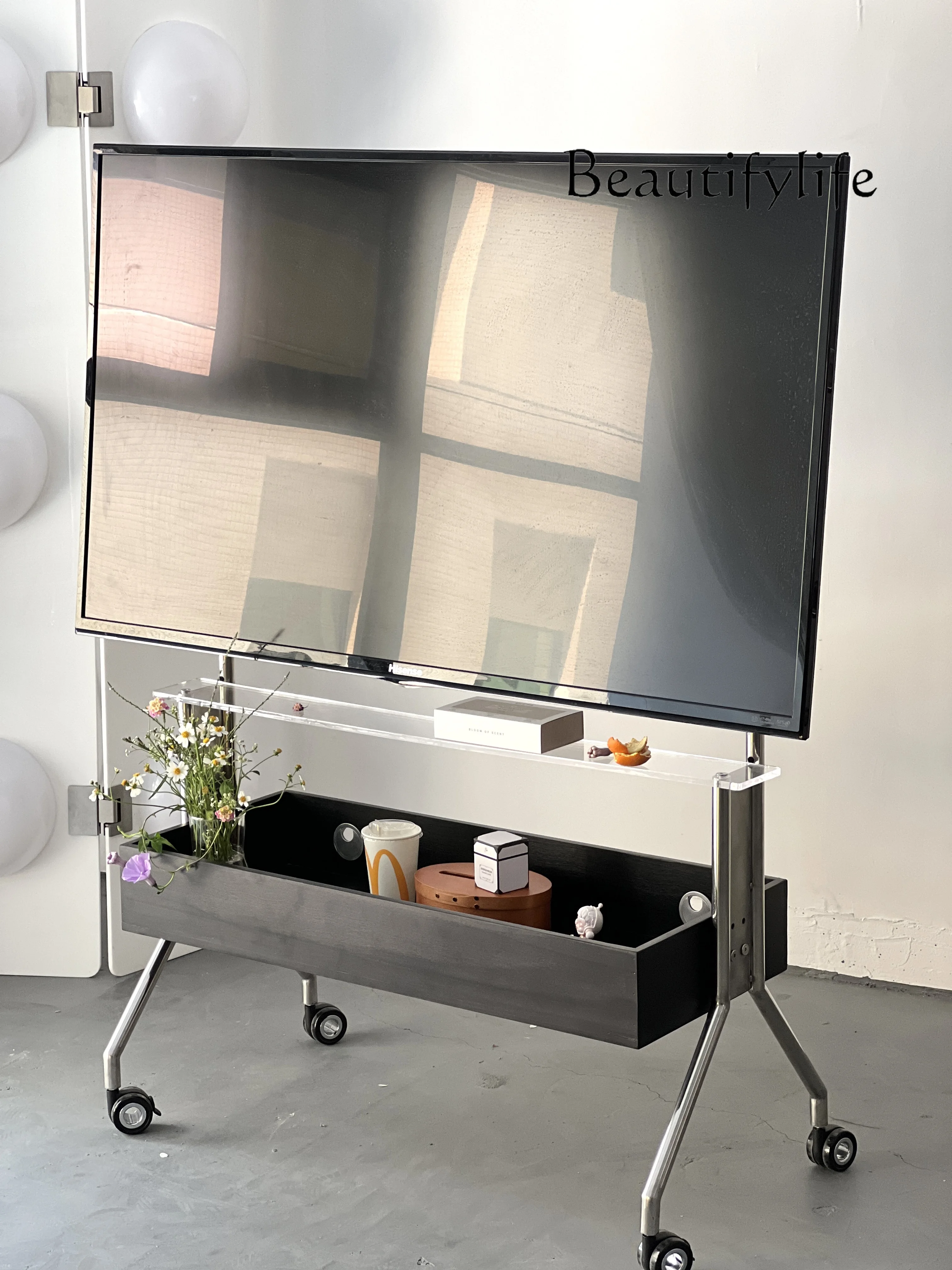 

Solid Wood TV Floor-Type Rack Stainless Steel Storage Rack Conference Small Apartment Room Movable TV Bracket