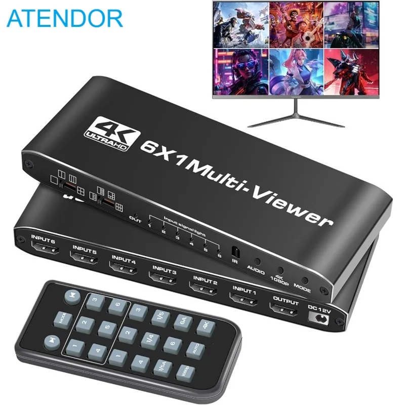4K HDMI-Compatible 6x1 Multi Viewer Seamless Switch 6x1 5x1 4x1 3x1 2x1 Quad Screen Switcher Remote Control 1080P for Monitor