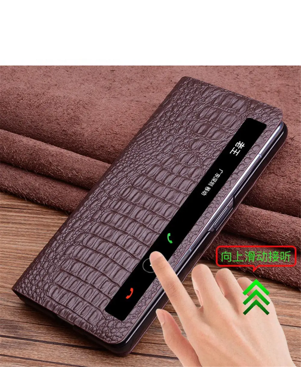 Magnetic Real Cowhide Leather Crocodile Case For Honor Magic V2 Window View Business Cover