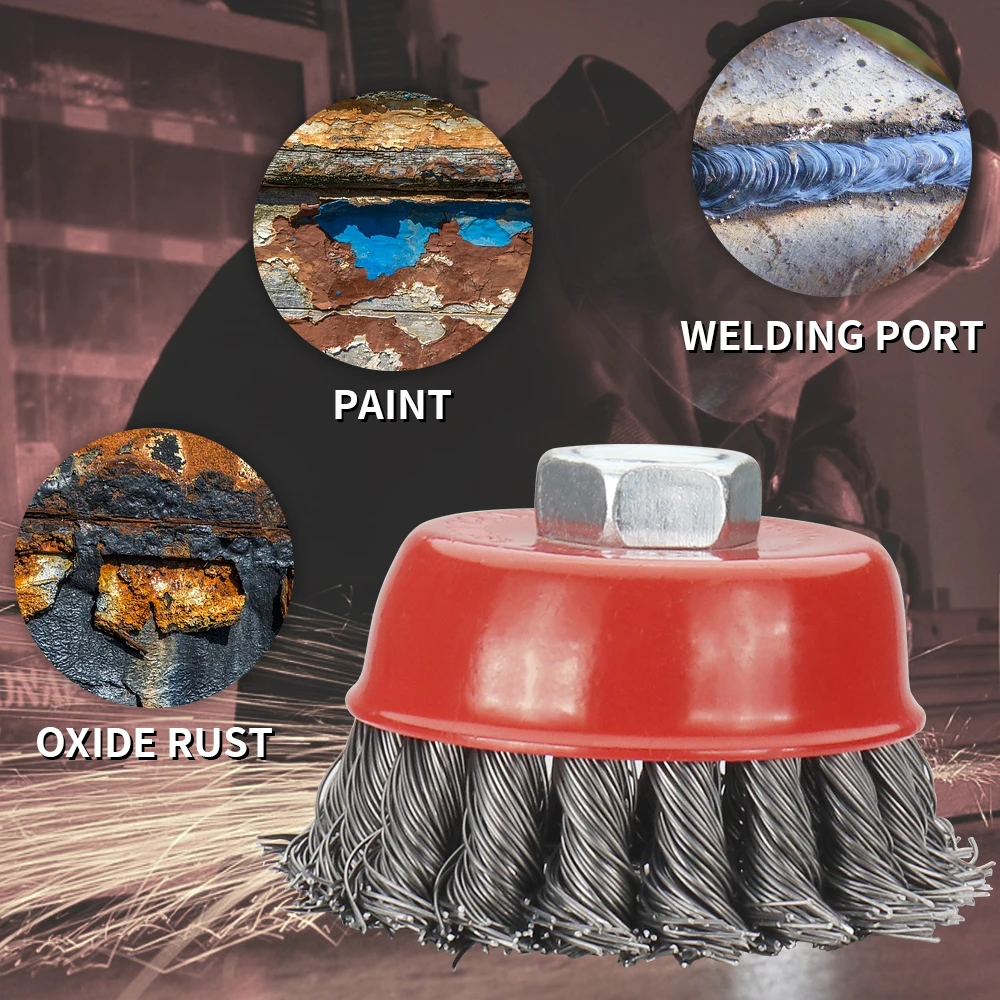 Cepillo de copa de rueda de alambre de acero trenzado, cepillo M14/5/8-11 pulgadas, pintura fuerte, elimina el nudo giratorio, desbarbado para amoladora angular de Metal